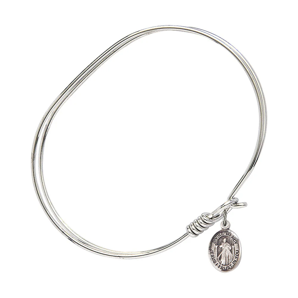 Adult 7" Oval  Rhodium Plated Bangle Bracelet with Divine Mercy Charm - Image 2