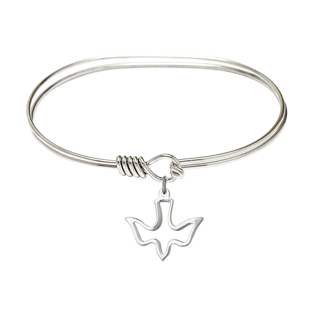 Adult 7" Oval  Rhodium Plated Bangle Bracelet with Holy Spirit Charm - 2555641