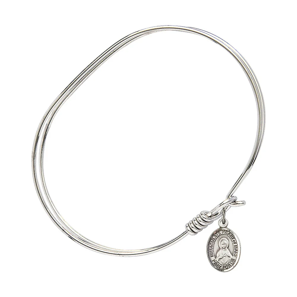 Adult 7" Oval  Rhodium Plated Bangle Bracelet with Immaculate Heart of Mary Charm - Image 2