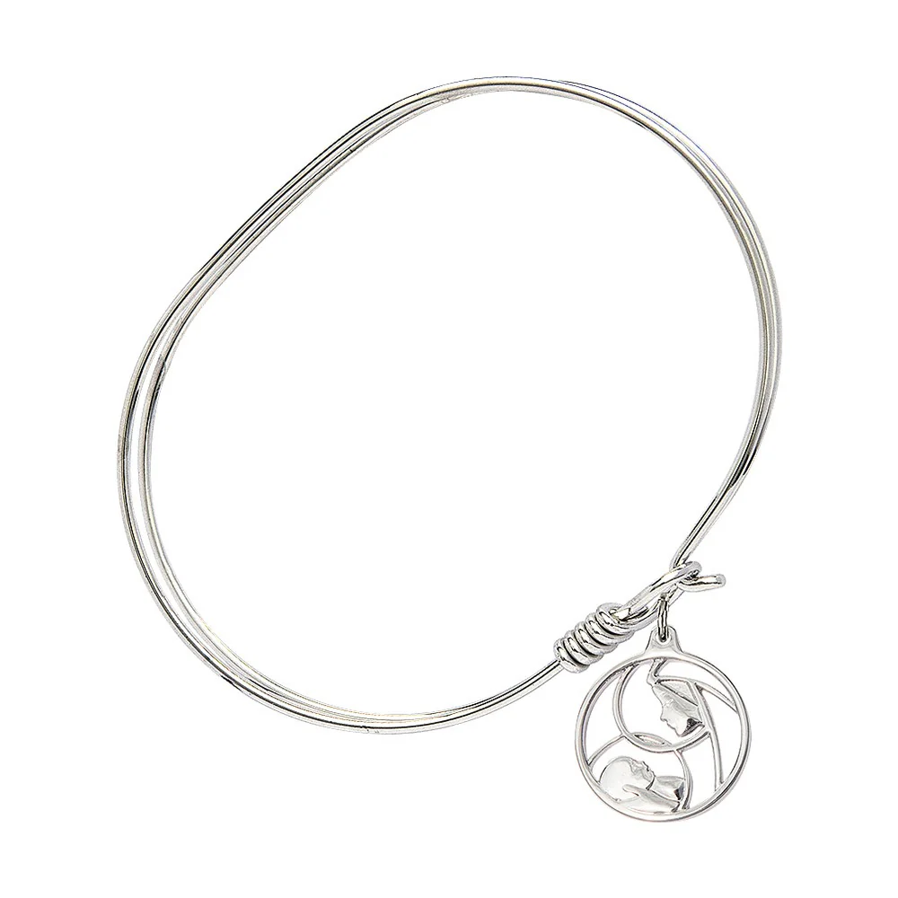 Adult 7" Oval  Rhodium Plated Bangle Bracelet with Madonna and Child Charm - Image 2
