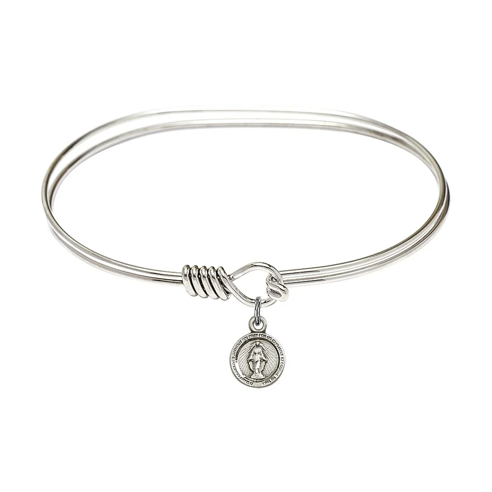 Adult 7" Oval  Rhodium Plated Bangle Bracelet with Miraculous Charm - 2555657