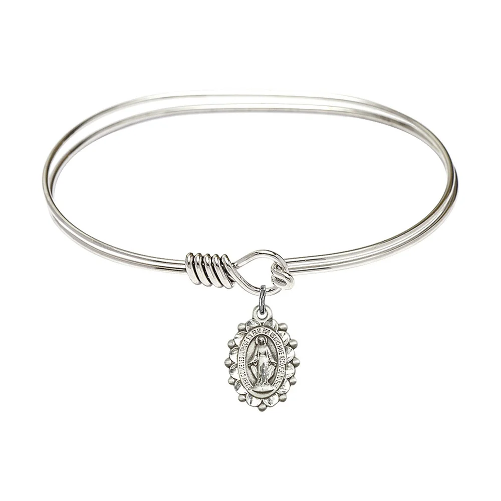 Adult 7" Oval Rhodium Plated Bangle Bracelet with Miraculous Charm - 2555785