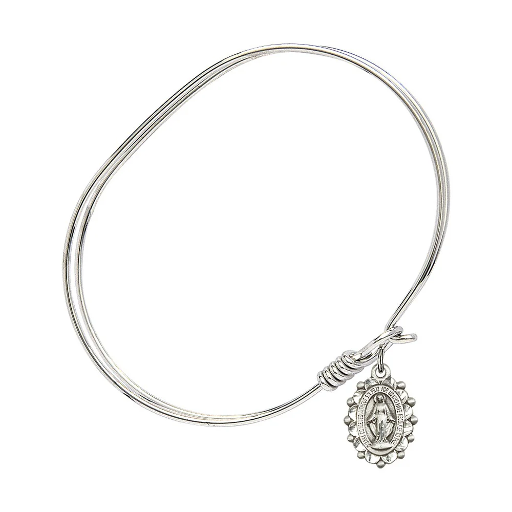 Adult 7" Oval Rhodium Plated Bangle Bracelet with Miraculous Charm - 2555785 - Image 2