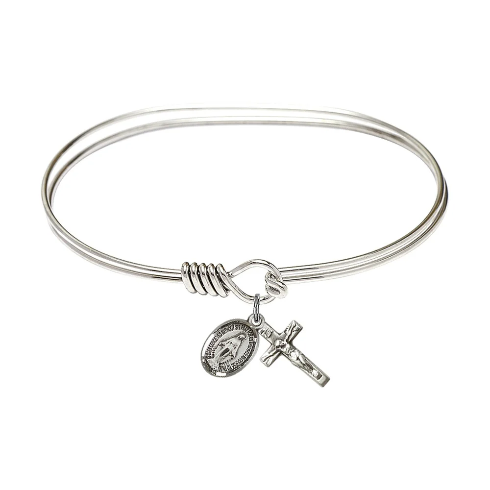 Adult 7" Oval  Rhodium Plated Bangle Bracelet with Miraculous/Crucifix Charm