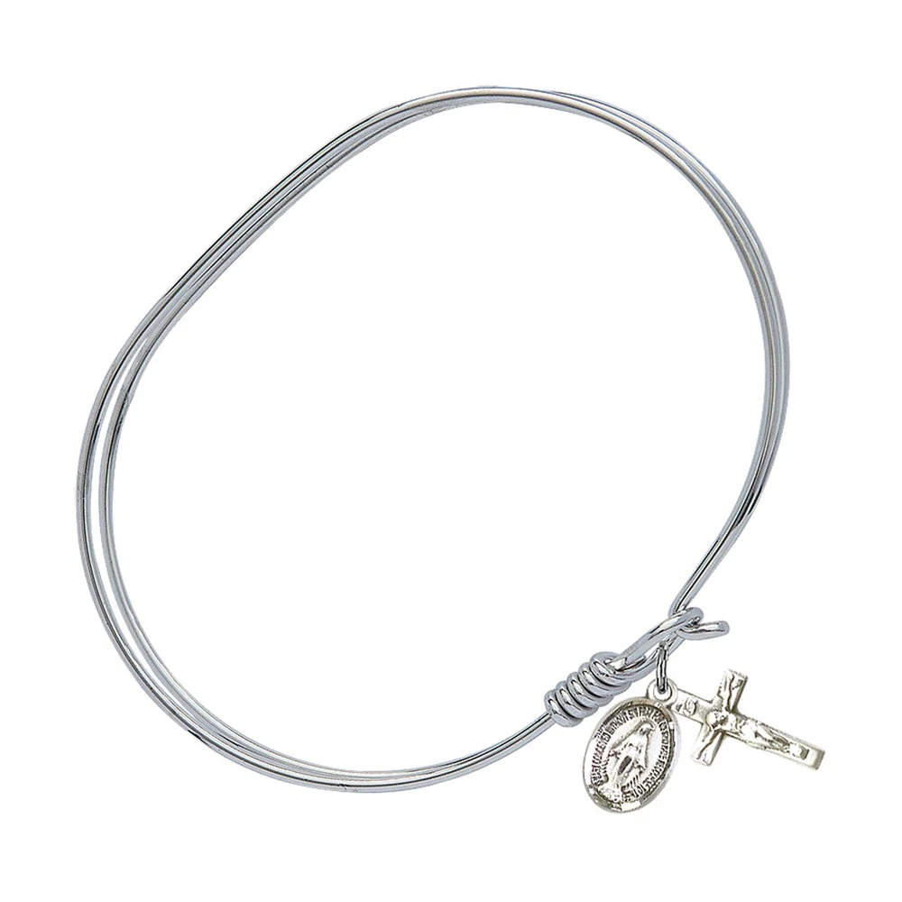 Adult 7" Oval  Rhodium Plated Bangle Bracelet with Miraculous/Crucifix Charm - Image 2