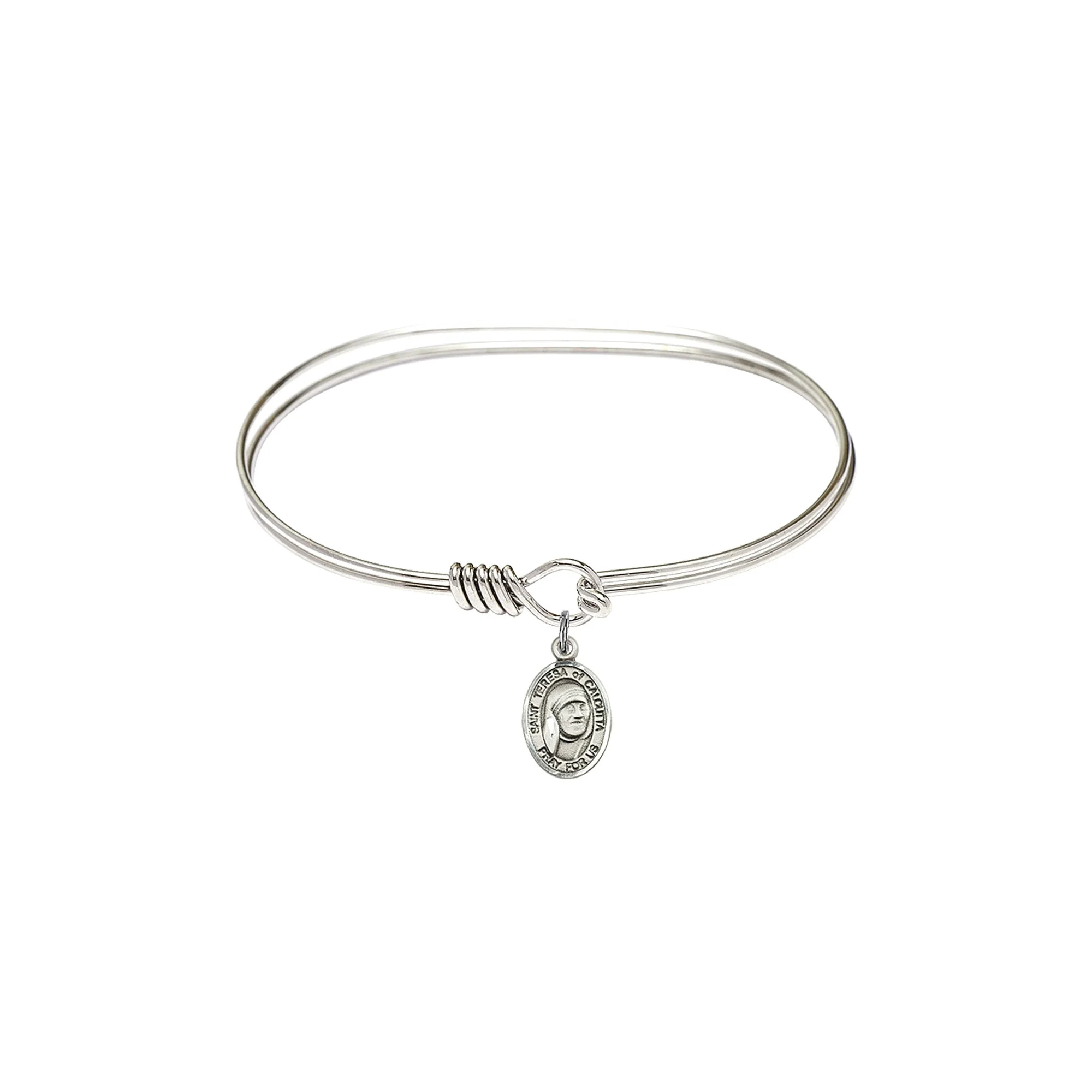 Adult 7" Oval  Rhodium Plated Bangle Bracelet with Saint Teresa of Calcutta Medal Charm