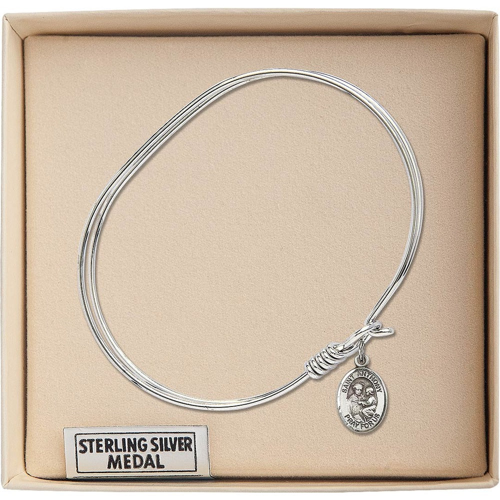Adult 7" Oval  Rhodium Plated Bangle Bracelet with St. Anthony of Padua Medal Charm - Image 3