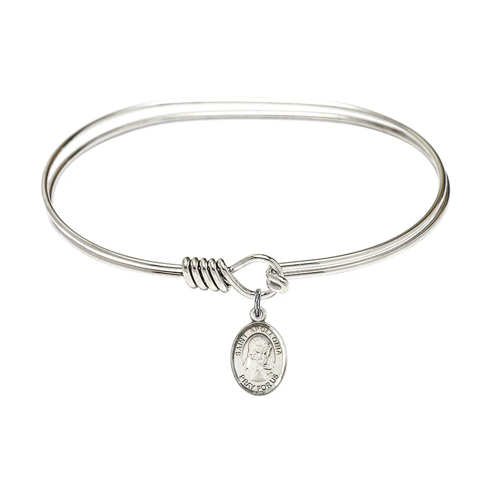 Adult 7" Oval  Rhodium Plated Bangle Bracelet with St. Apollonia Medal Charm