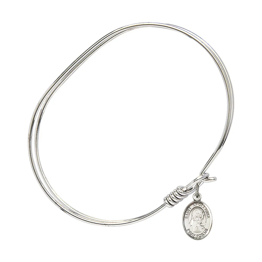 Adult 7" Oval  Rhodium Plated Bangle Bracelet with St. Apollonia Medal Charm - Image 2