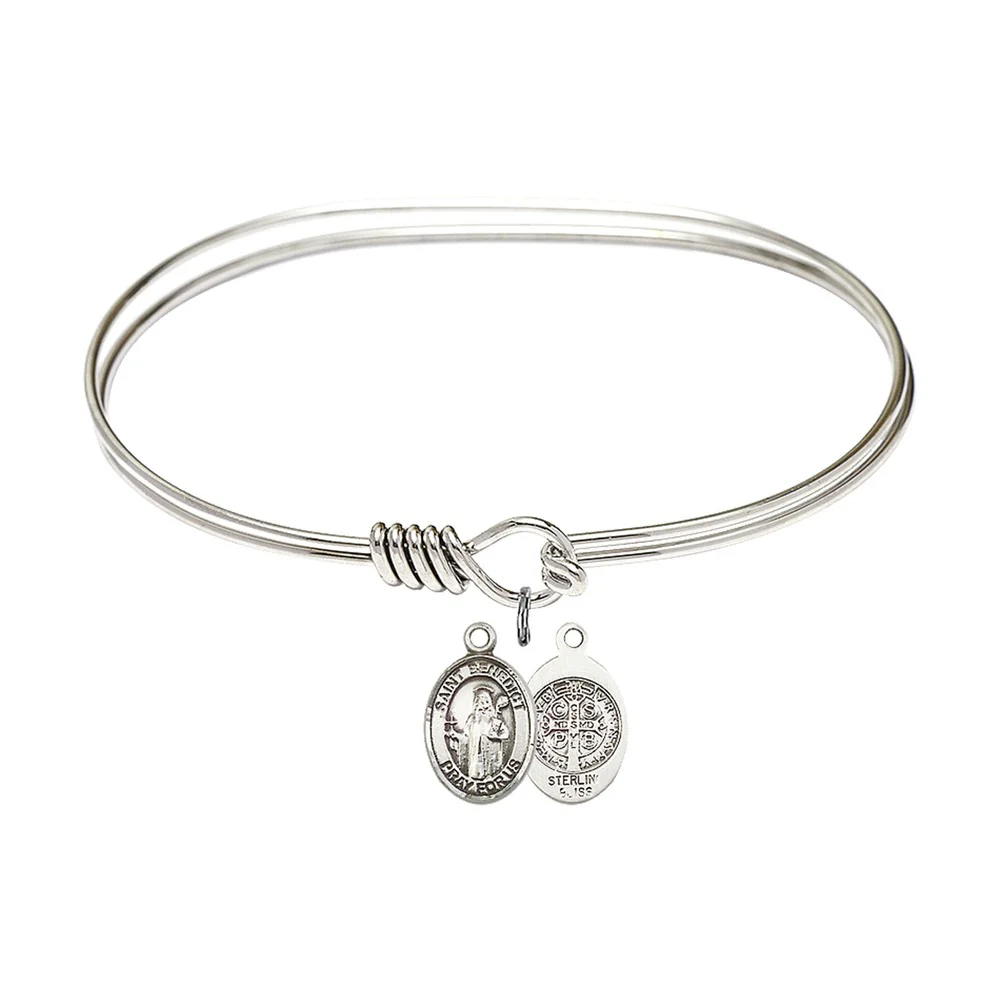 Adult 7" Oval Rhodium Plated Bangle Bracelet with St. Benedict Medal Charm