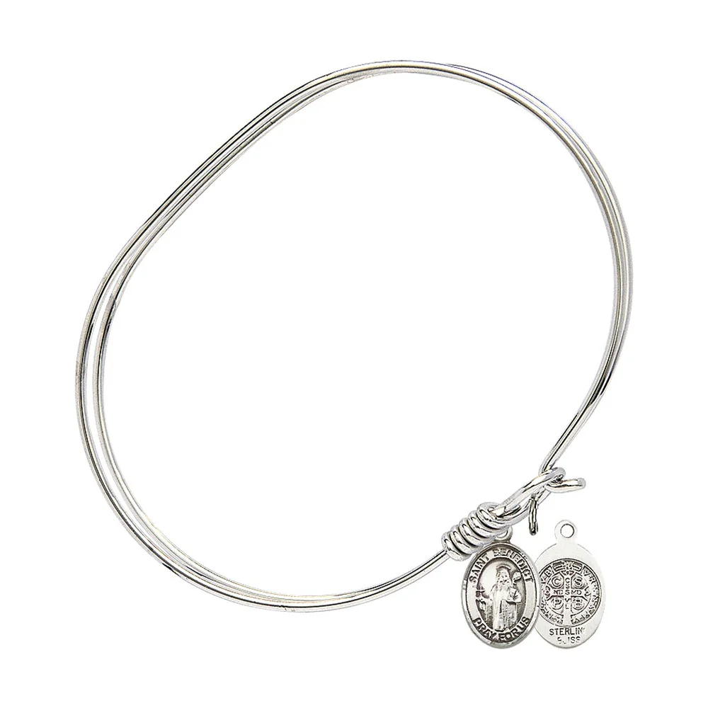Adult 7" Oval Rhodium Plated Bangle Bracelet with St. Benedict Medal Charm - Image 2