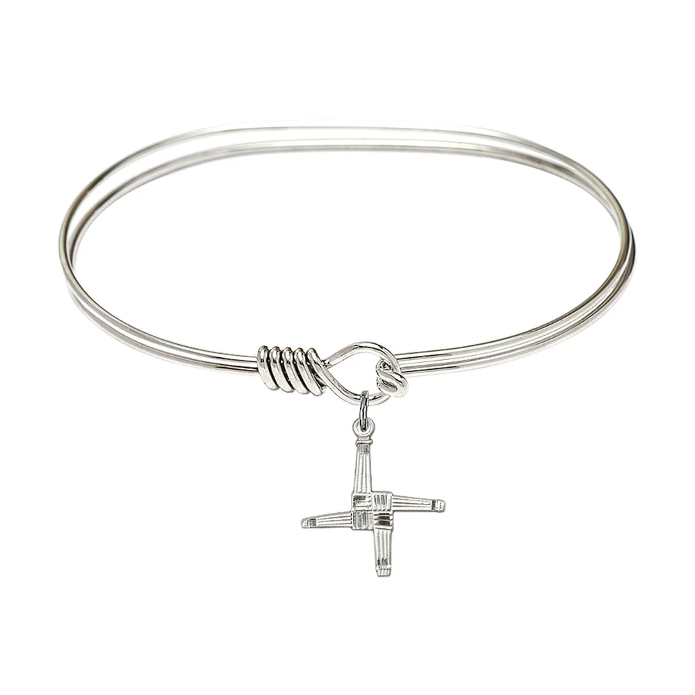 Adult 7" Oval Rhodium Plated Bangle Bracelet with St. Brigid Cross Medal Charm