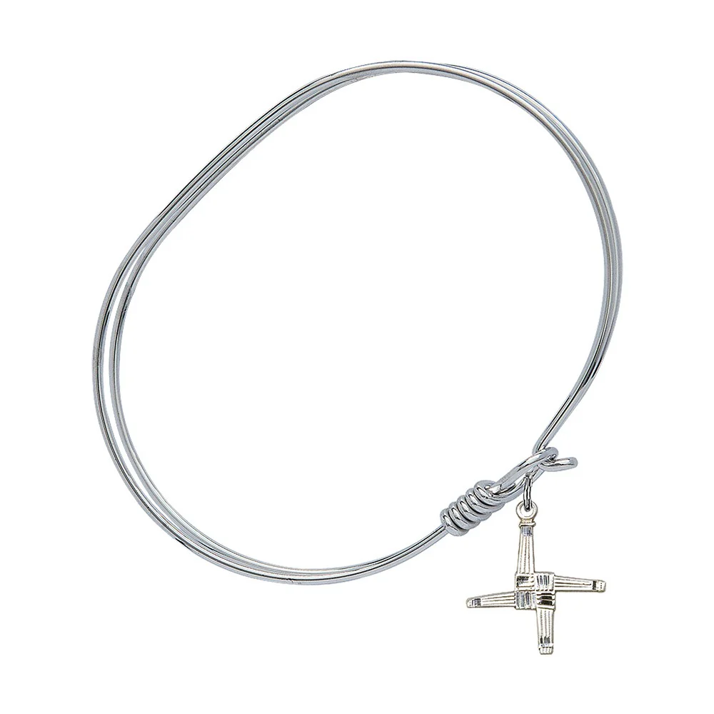 Adult 7" Oval Rhodium Plated Bangle Bracelet with St. Brigid Cross Medal Charm - Image 3