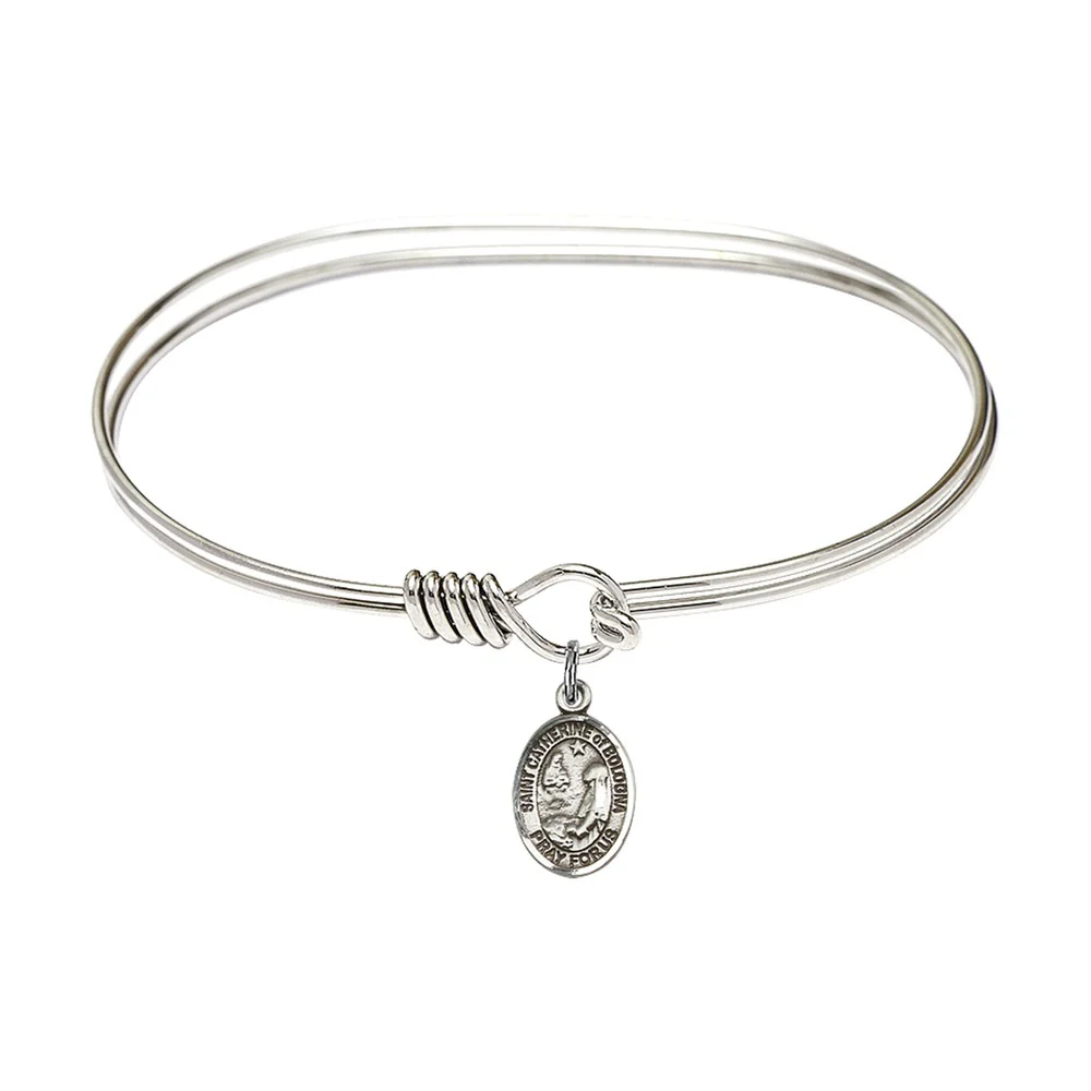 Adult 7" Oval  Rhodium Plated Bangle Bracelet with St. Catherine of Bologna Medal Charm