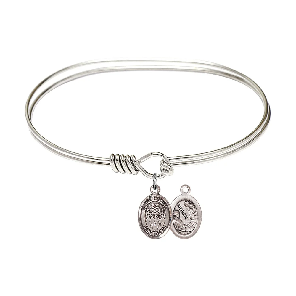 Adult 7" Oval  Rhodium Plated Bangle Bracelet with St. Cecilia / Choir Medal Charm