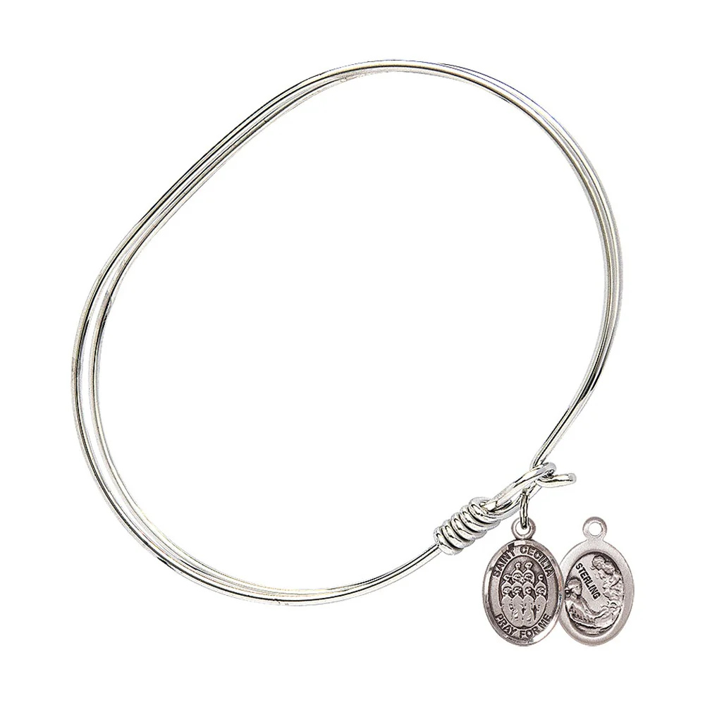 Adult 7" Oval  Rhodium Plated Bangle Bracelet with St. Cecilia / Choir Medal Charm - Image 2