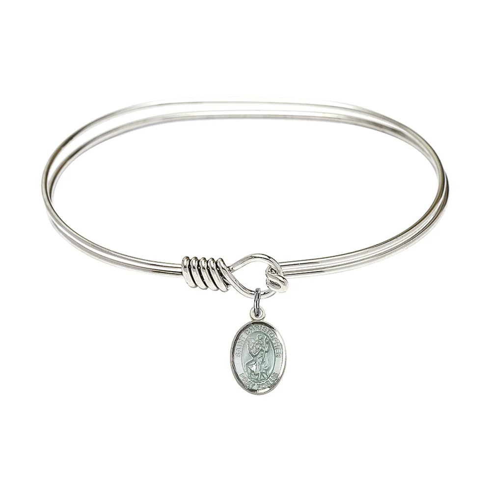 Adult 7" Oval Rhodium Plated Bangle Bracelet with St. Christopher Medal Charm