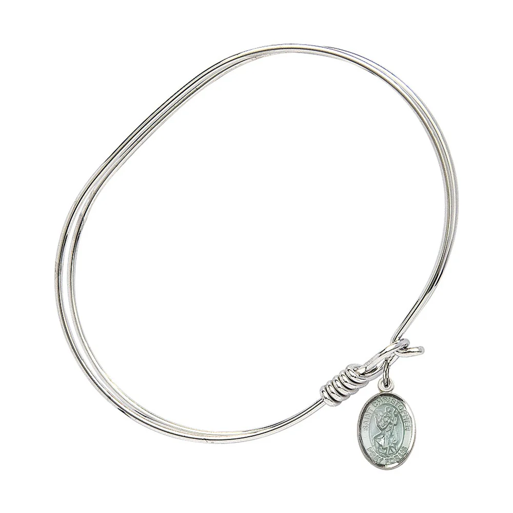 Adult 7" Oval Rhodium Plated Bangle Bracelet with St. Christopher Medal Charm - Image 2