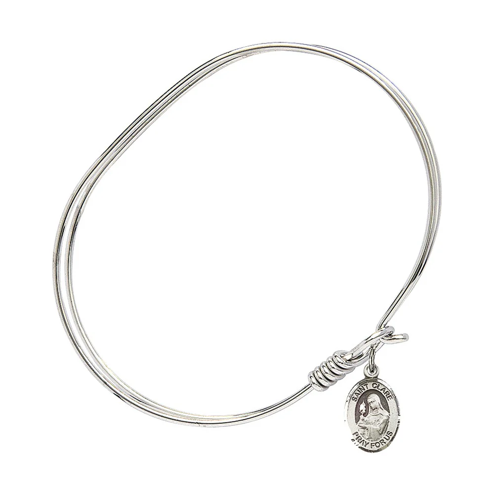 Adult 7" Oval  Rhodium Plated Bangle Bracelet with St. Clare of Assisi Medal Charm - Image 2