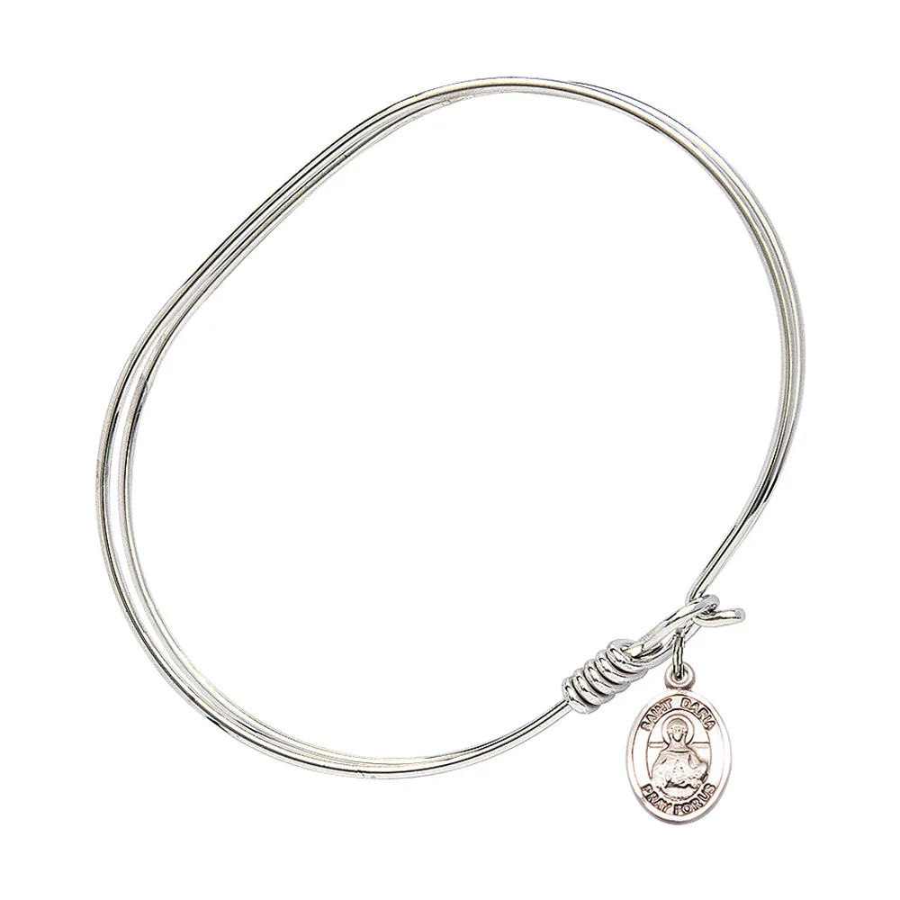 Adult 7" Oval Rhodium Plated Bangle Bracelet with St. Daria Medal Charm - Image 2