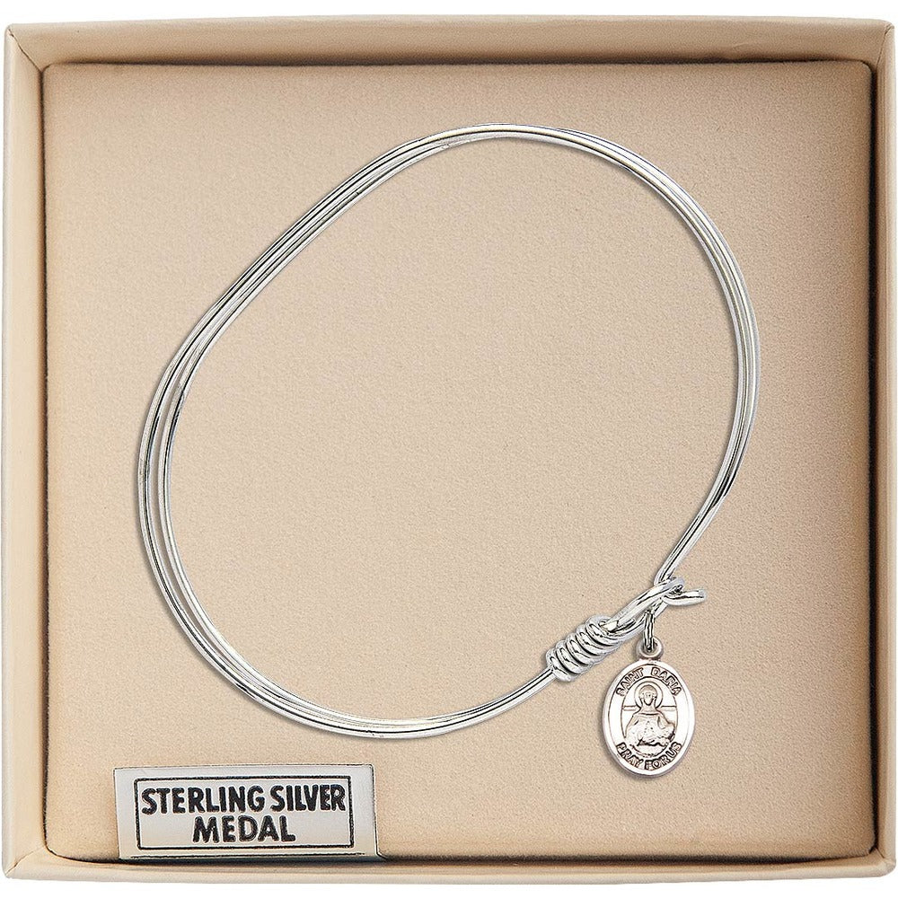 Adult 7" Oval Rhodium Plated Bangle Bracelet with St. Daria Medal Charm - Image 3
