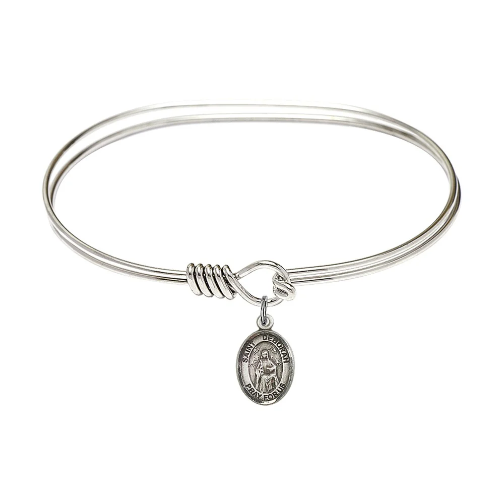 Adult 7" Oval  Rhodium Plated Bangle Bracelet with St. Deborah Medal Charm
