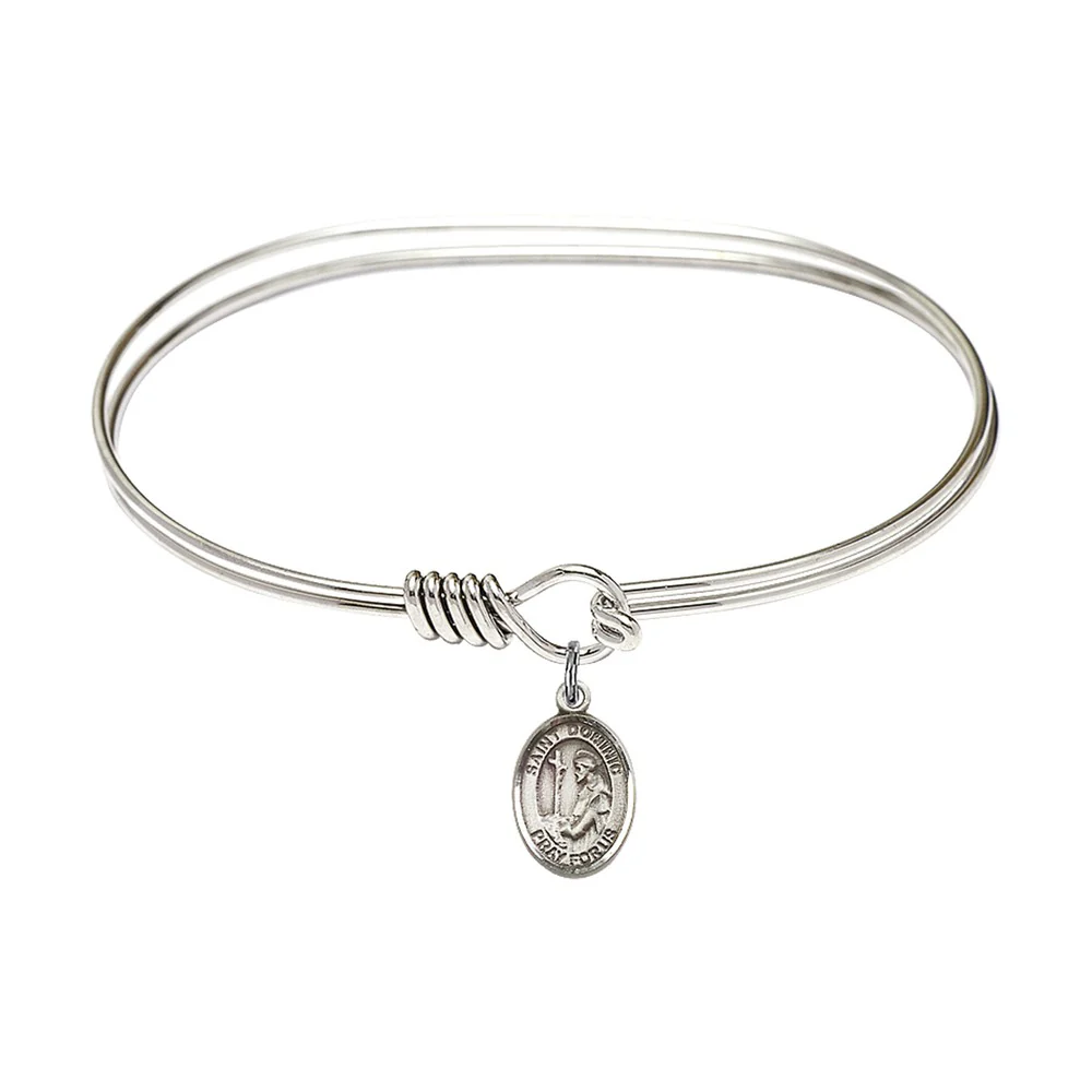 Adult 7" Oval  Rhodium Plated Bangle Bracelet with St. Dominic de Guzman Medal Charm