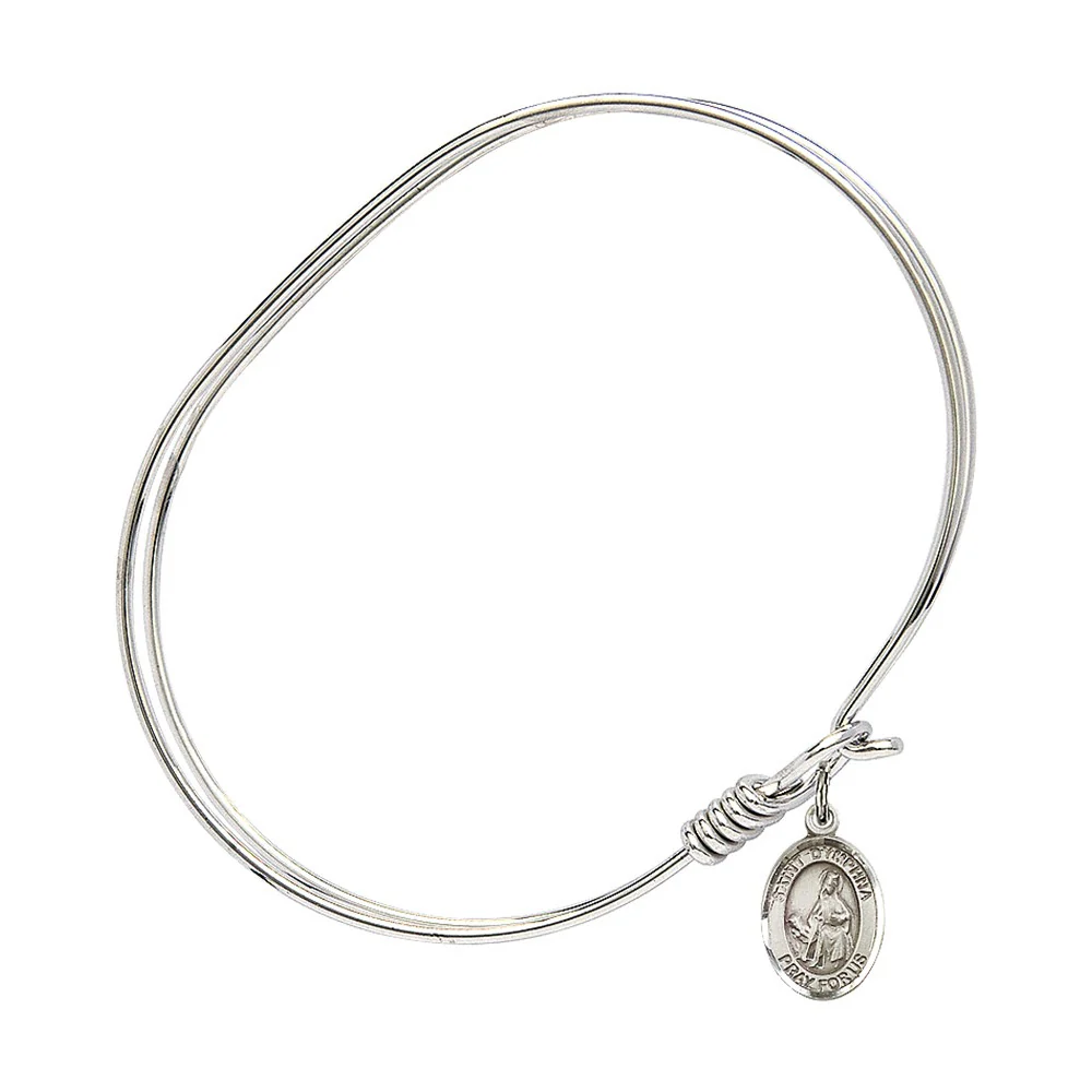 Adult 7" Oval Rhodium Plated Bangle Bracelet with St. Dymphna Medal Charm - Image 2