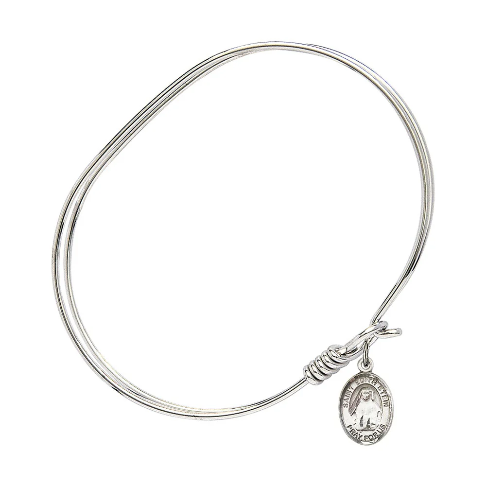 Adult 7" Oval  Rhodium Plated Bangle Bracelet with St. Edith Stein Medal Charm - Image 2