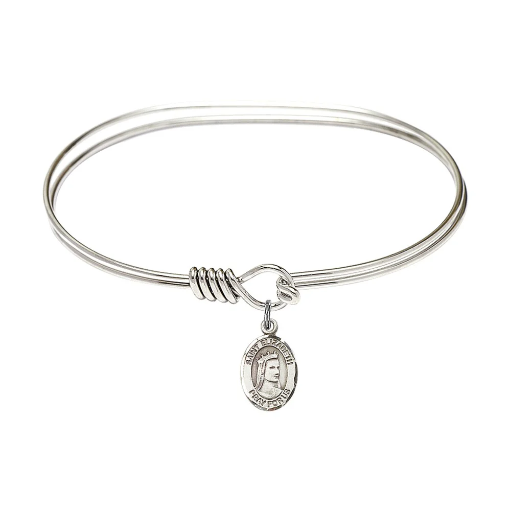 Adult 7" Oval  Rhodium Plated Bangle Bracelet with St. Elizabeth of Hungary Medal Charm