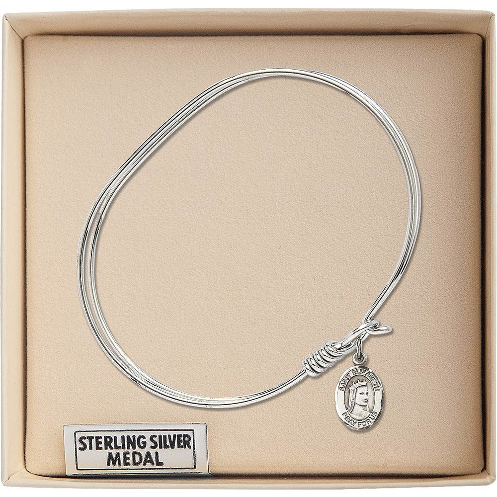 Adult 7" Oval  Rhodium Plated Bangle Bracelet with St. Elizabeth of Hungary Medal Charm - Image 2