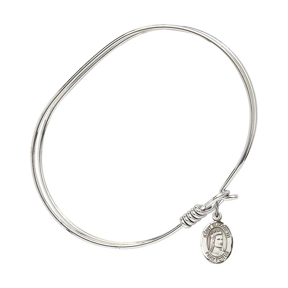 Adult 7" Oval  Rhodium Plated Bangle Bracelet with St. Elizabeth of Hungary Medal Charm - Image 3