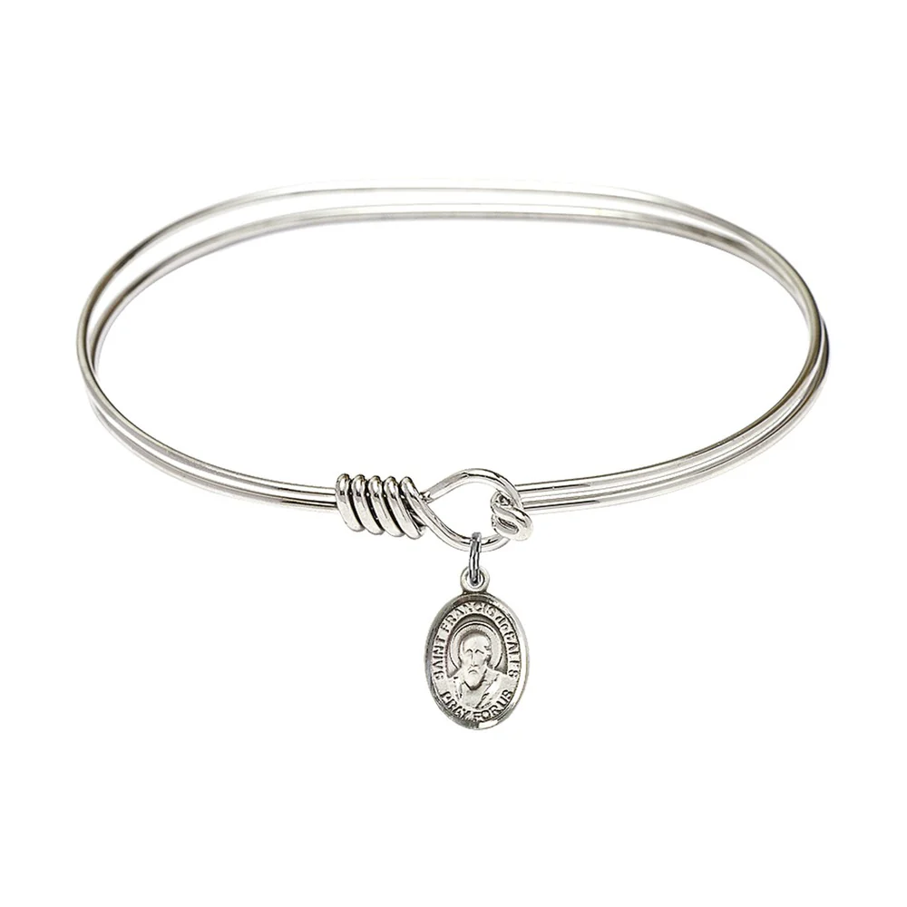 Adult 7" Oval  Rhodium Plated Bangle Bracelet with St. Francis de Sales Medal Charm