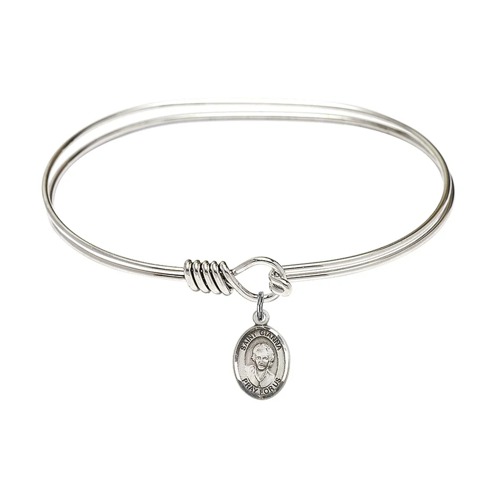 Adult 7" Oval  Rhodium Plated Bangle Bracelet with St. Gianna Beretta Molla Medal Charm
