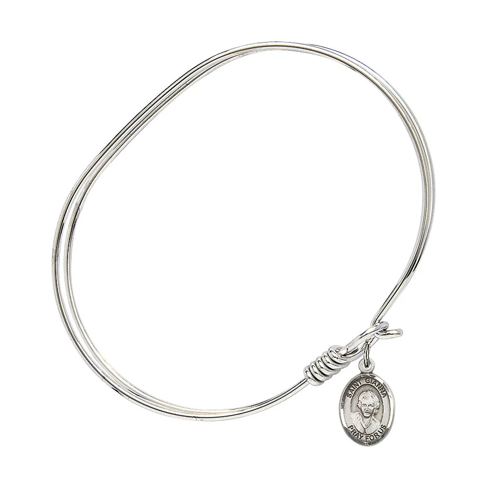 Adult 7" Oval  Rhodium Plated Bangle Bracelet with St. Gianna Beretta Molla Medal Charm - Image 2