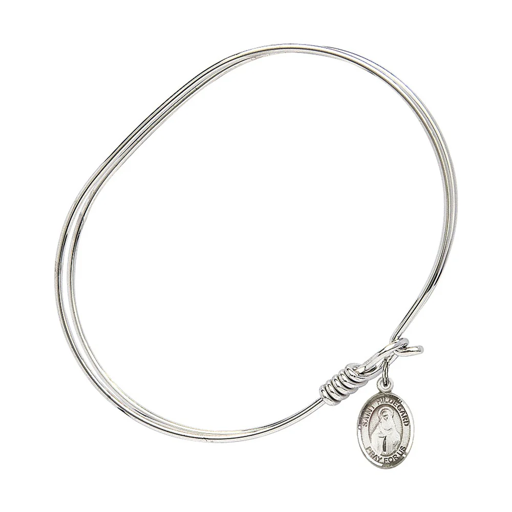 Adult 7" Oval  Rhodium Plated Bangle Bracelet with St. Hildegard von Bingen Medal Charm - Image 3
