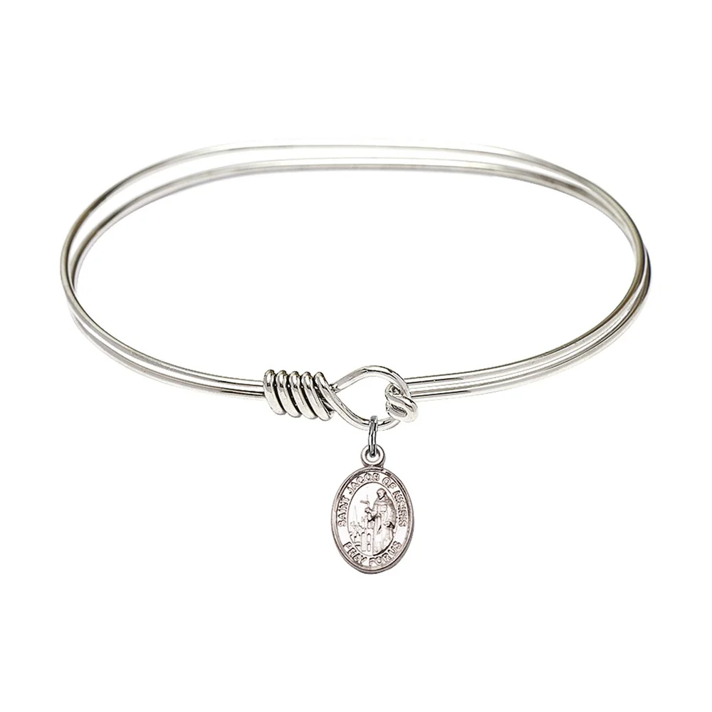 Adult 7" Oval  Rhodium Plated Bangle Bracelet with St. Jacob of Nisibis Medal Charm