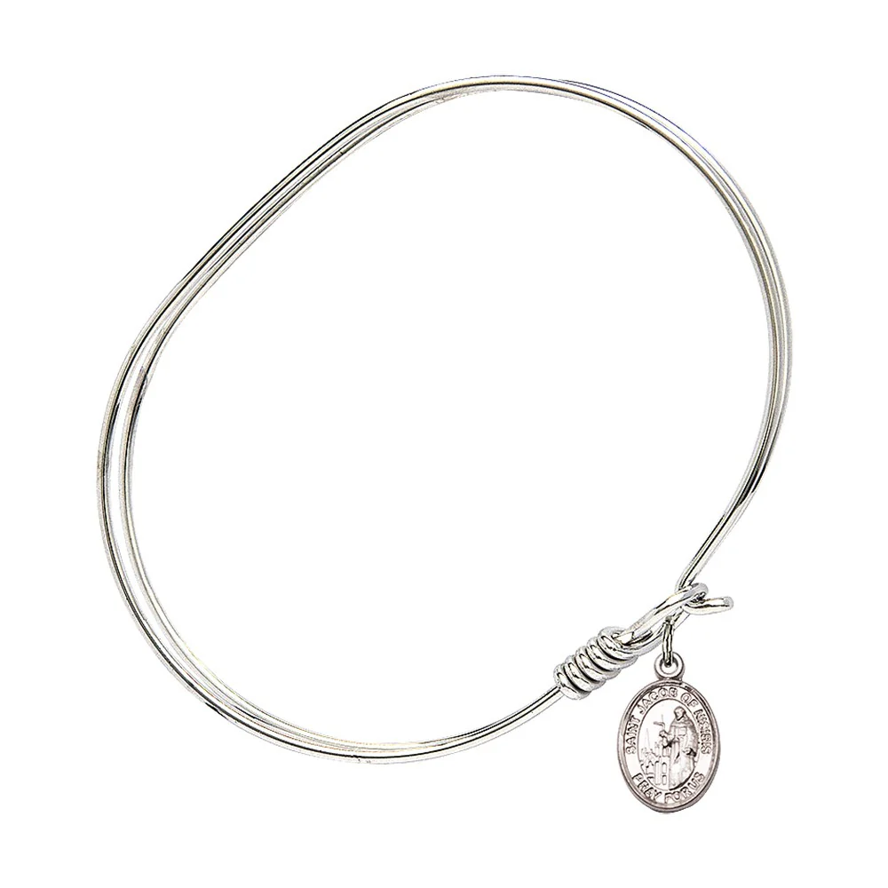 Adult 7" Oval  Rhodium Plated Bangle Bracelet with St. Jacob of Nisibis Medal Charm - Image 2