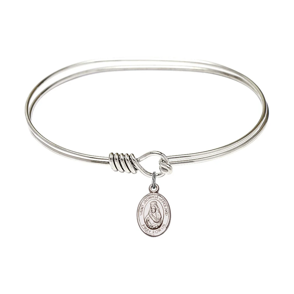 Adult 7" Oval  Rhodium Plated Bangle Bracelet with St. Jadwiga of Poland Medal Charm