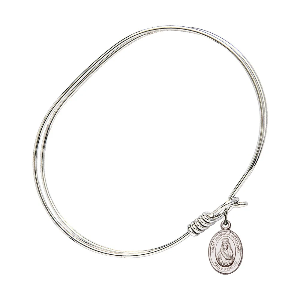 Adult 7" Oval  Rhodium Plated Bangle Bracelet with St. Jadwiga of Poland Medal Charm - Image 3