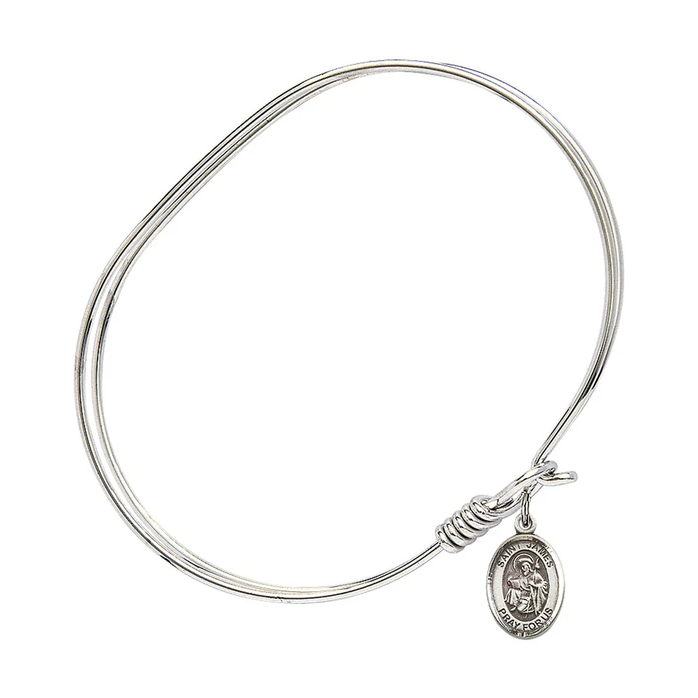 Adult 7" Oval  Rhodium Plated Bangle Bracelet with St. James the Greater Medal Charm