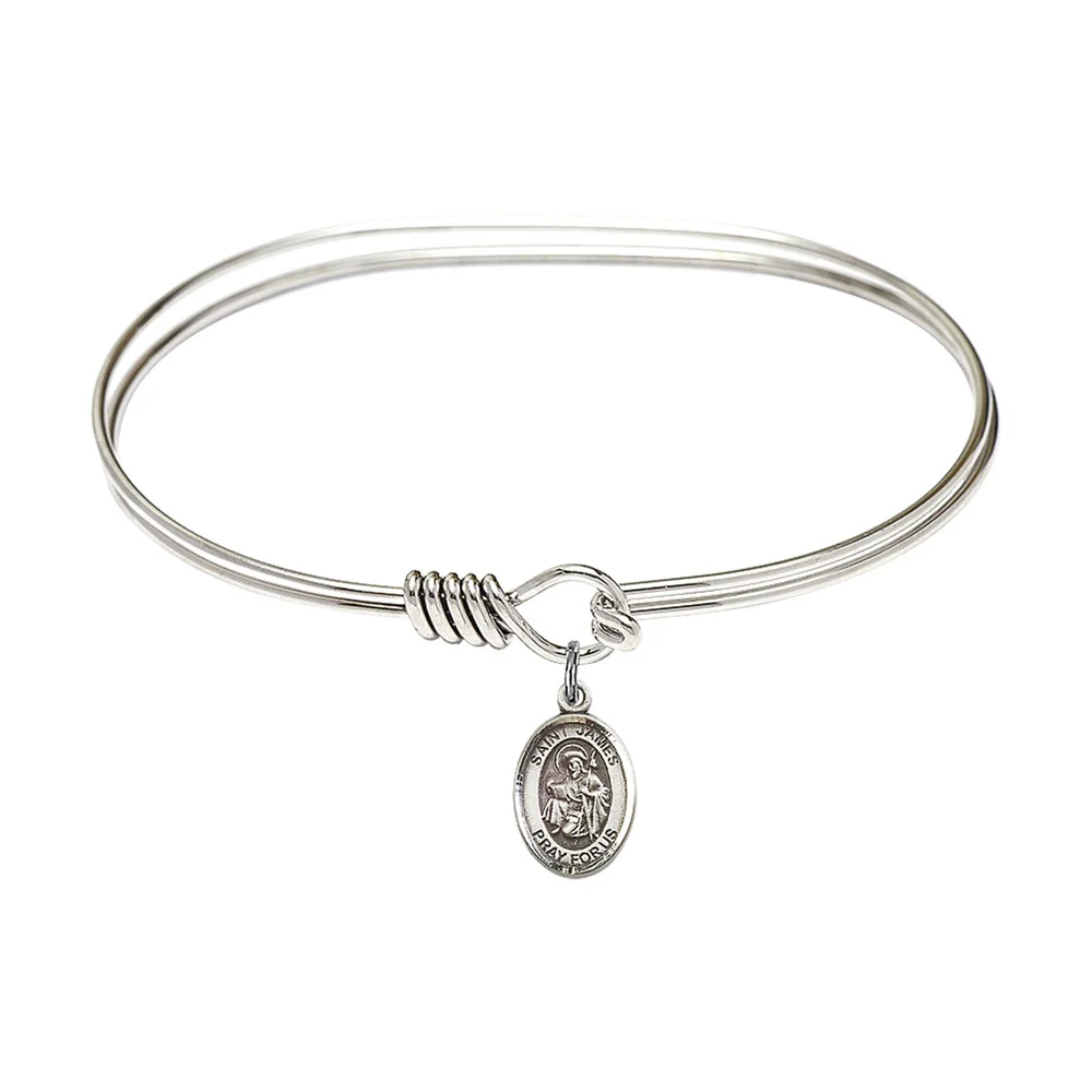 Adult 7" Oval  Rhodium Plated Bangle Bracelet with St. James the Greater Medal Charm - Image 2
