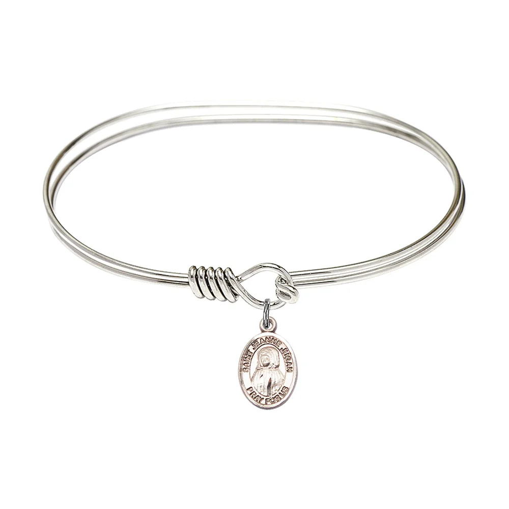 Adult 7" Oval  Rhodium Plated Bangle Bracelet with St. Jeanne Jugan Medal Charm