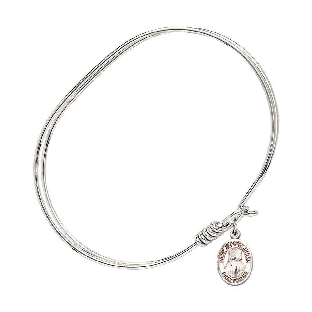 Adult 7" Oval  Rhodium Plated Bangle Bracelet with St. Jeanne Jugan Medal Charm - Image 2
