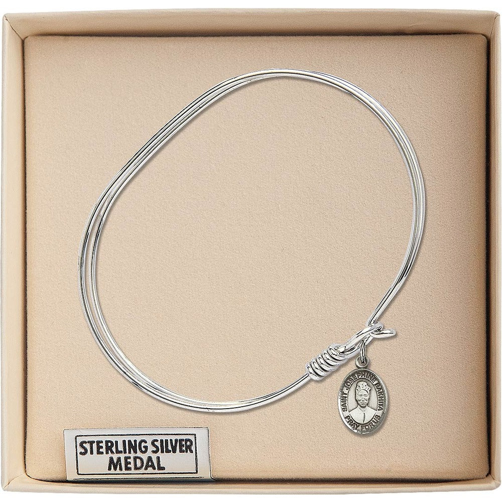 Adult 7" Oval  Rhodium Plated Bangle Bracelet with St. Josephine Bakhita Medal Charm - Image 3