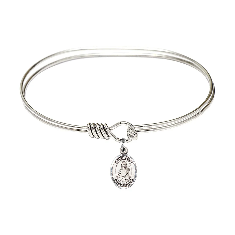 Adult 7" Oval Rhodium Plated Bangle Bracelet with St. Lucy Medal Charm