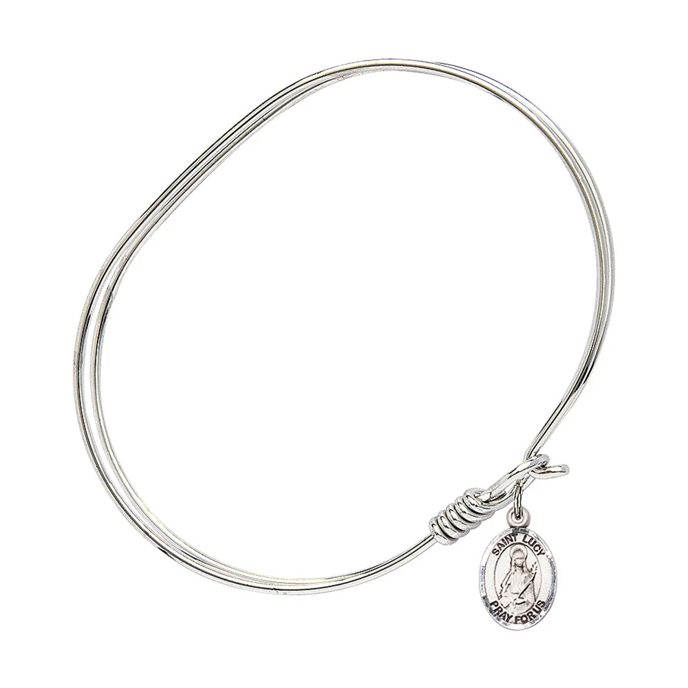Adult 7" Oval Rhodium Plated Bangle Bracelet with St. Lucy Medal Charm - Image 2