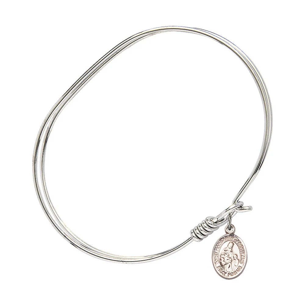 Adult 7" Oval  Rhodium Plated Bangle Bracelet with St. Margaret of Scotland Medal Charm - Image 2