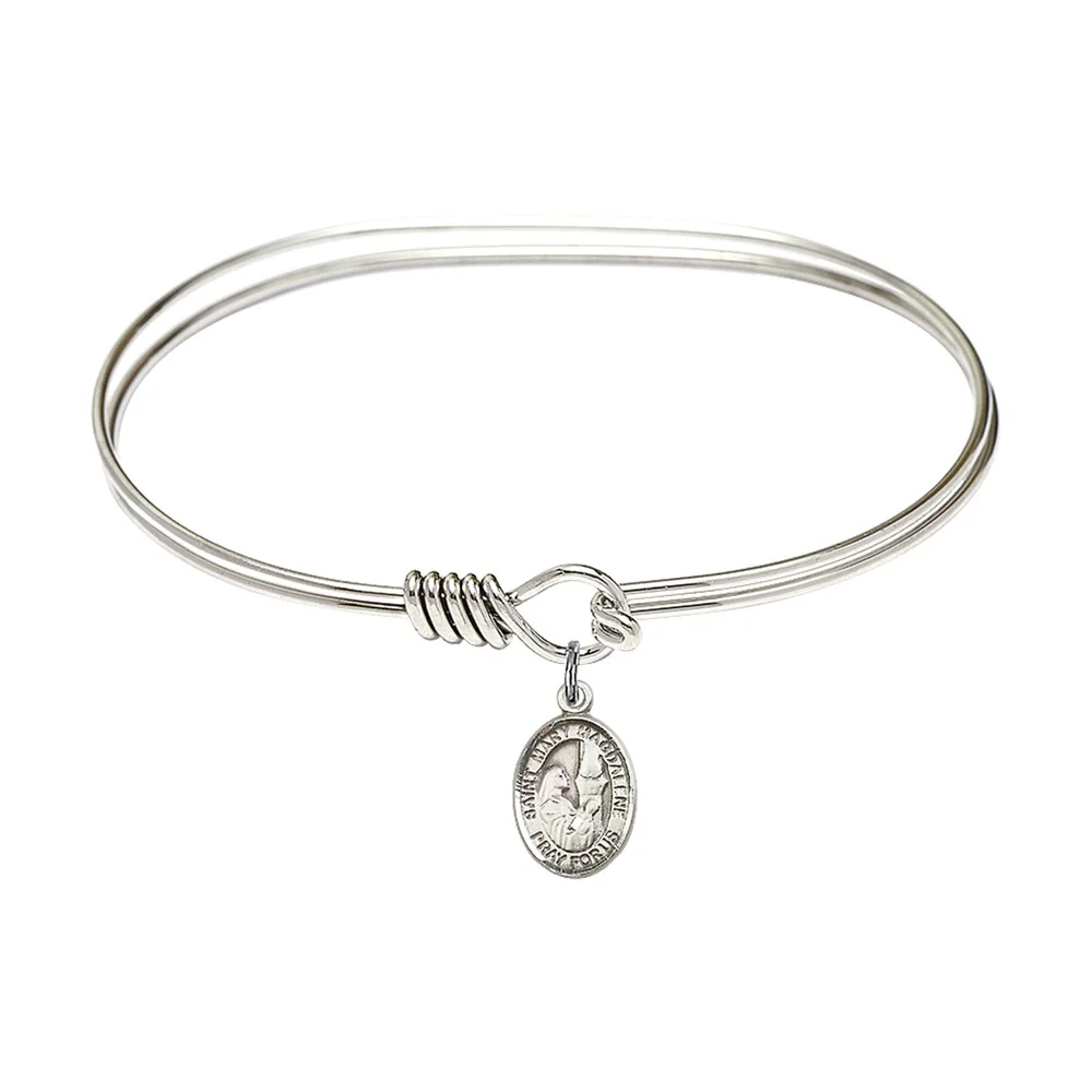 Adult 7" Oval  Rhodium Plated Bangle Bracelet with St. Mary Magdalene Medal Charm