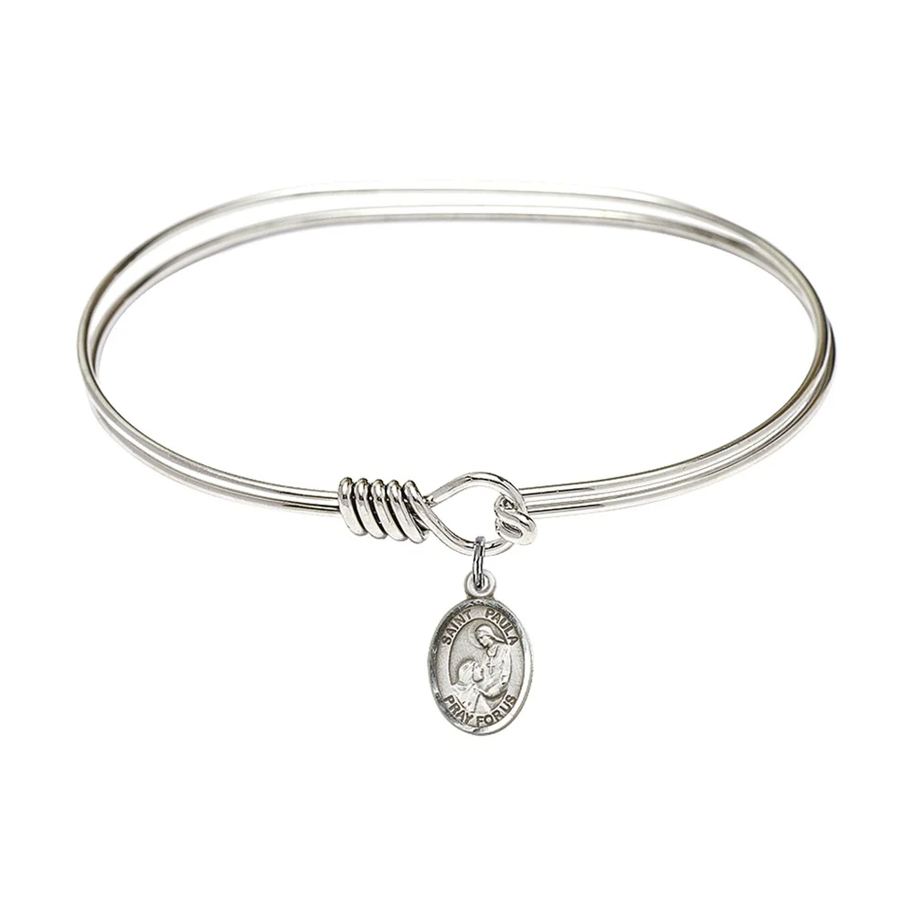 Adult 7" Oval Rhodium Plated Bangle Bracelet with St. Paula Medal Charm